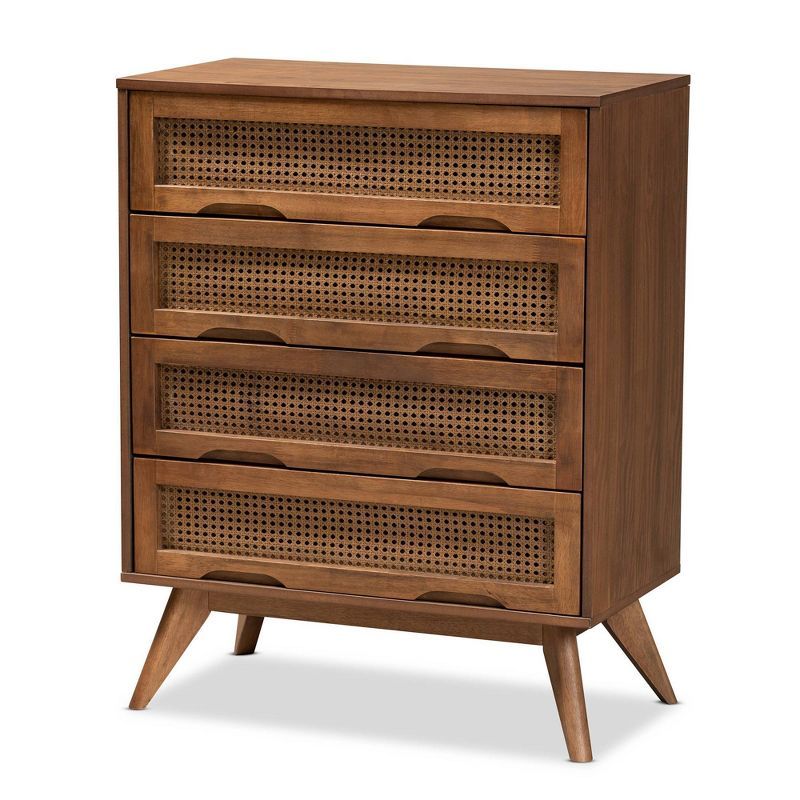 Walnut Brown Mid-Century Wood and Rattan 4-Drawer Chest