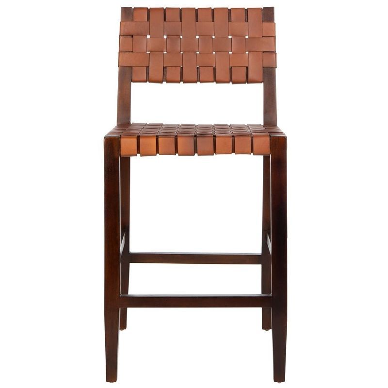 Cognac Woven Leather and Walnut Counter Stool