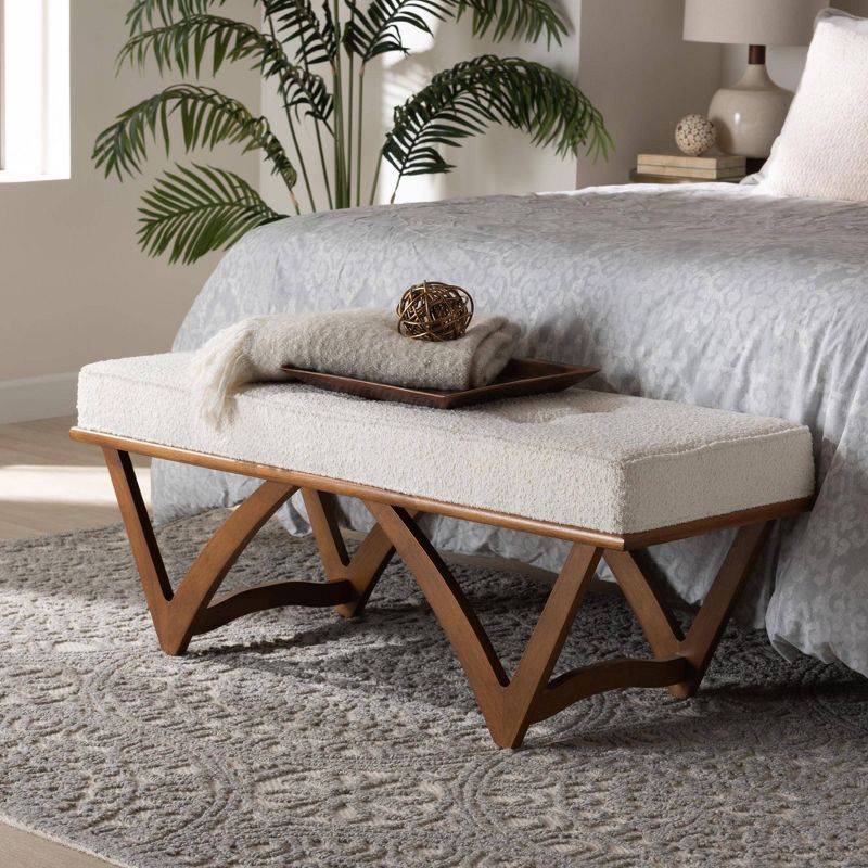 Chenoa Cream Boucle Fabric and Walnut Wood Bench