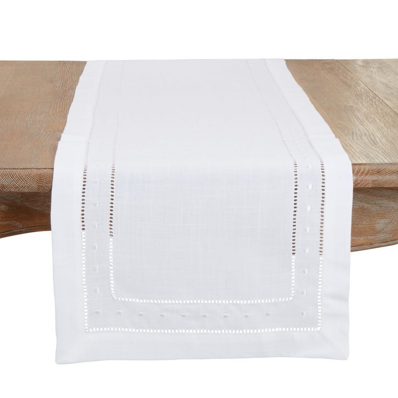 White Embroidered Hemstitch Polyester Table Runner