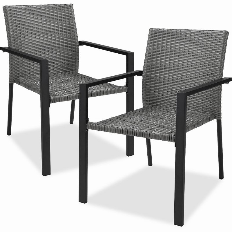 Set of 2 Gray Wicker Stackable Outdoor Dining Chairs with Armrests