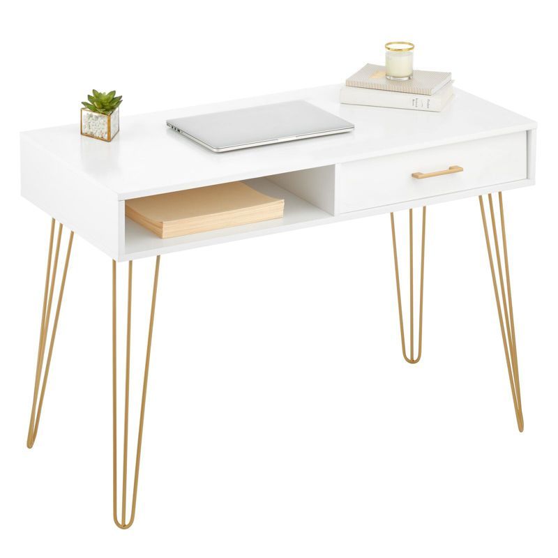 White and Gold Hairpin Leg Desk with Drawer