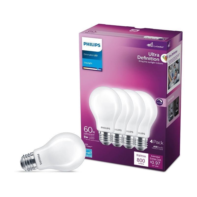 Philips 8W Frosted White Dimmable LED A19 Light Bulb 4-Pack