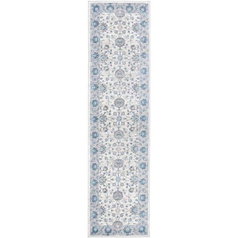 Ivory and Blue Synthetic Hand-Knotted Runner Rug