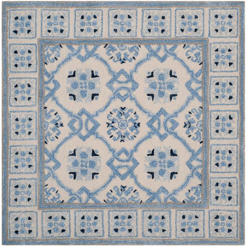 Ivory and Blue Hand-Tufted Wool Square Rug