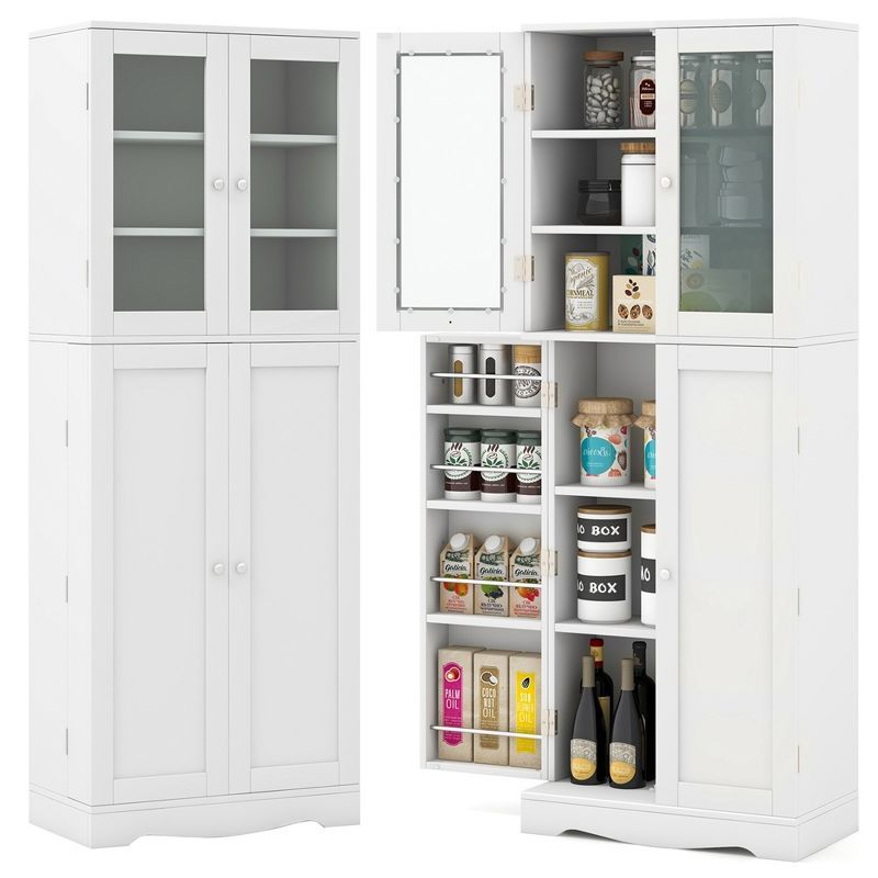 White Tall Kitchen Pantry Storage Cabinet with Glass Doors