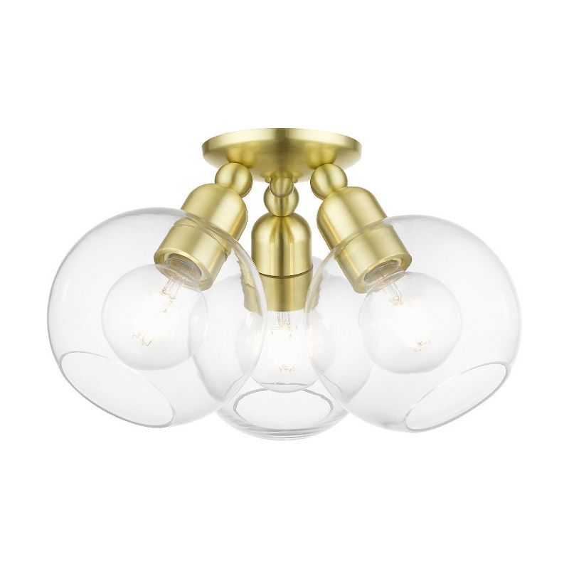 Satin Brass and Clear Glass 3-Light Globe Semi-Flush Mount