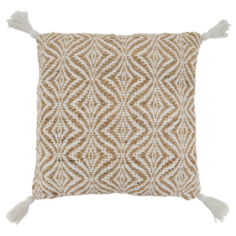 20" Square Natural Jute and Cotton Geometric Throw Pillow