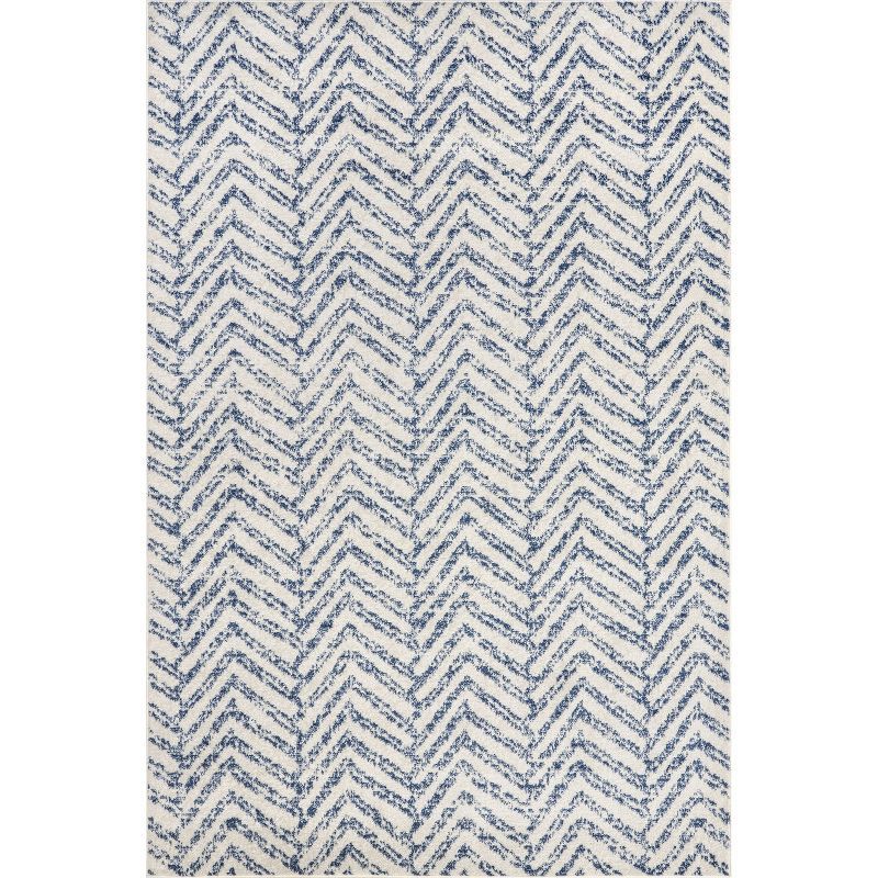 Blue and White Geometric Herringbone 6' Square Area Rug