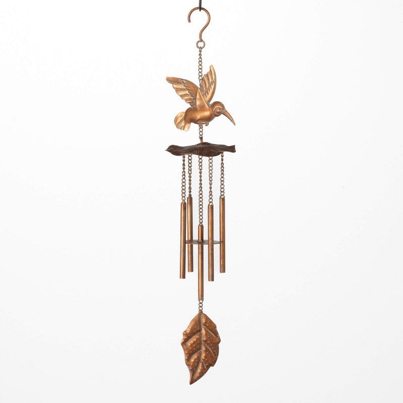 22.5" Bronze Hummingbird Metal Wind Chime with Leaf