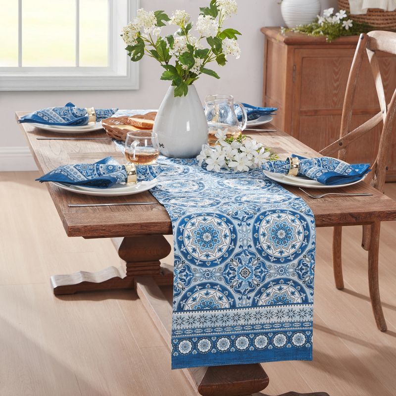 Vietri Medallion Blue Polyester Indoor/Outdoor Table Runner 13x70