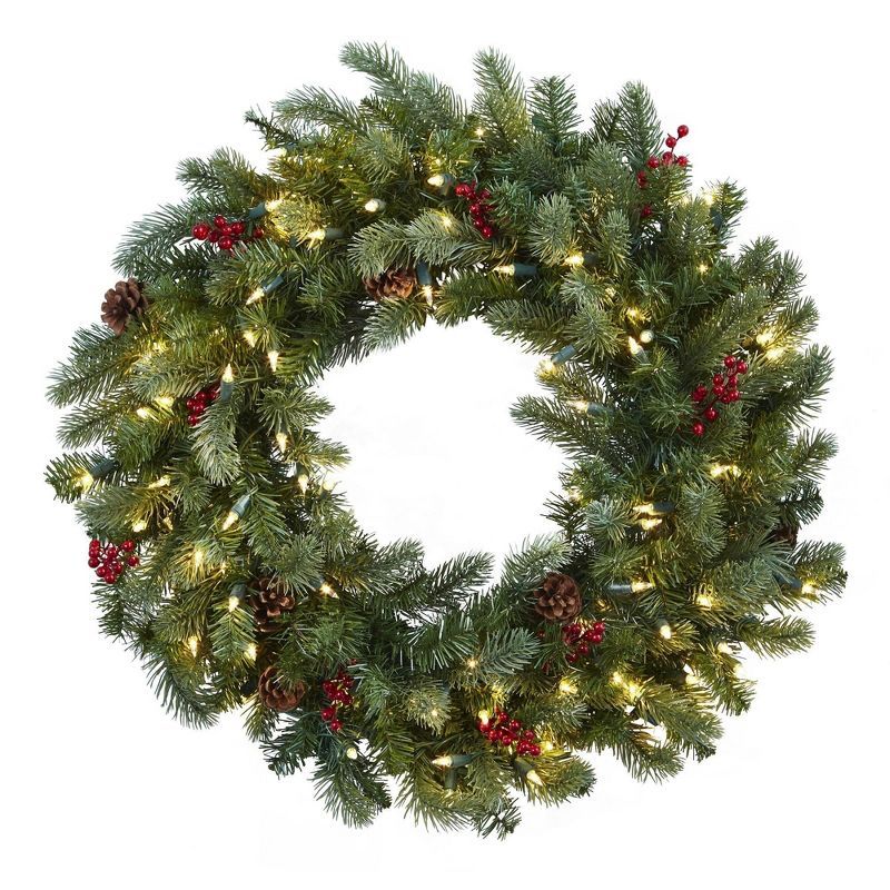 30" Lighted Artificial Pine Christmas Wreath with Berries and Pine Cones