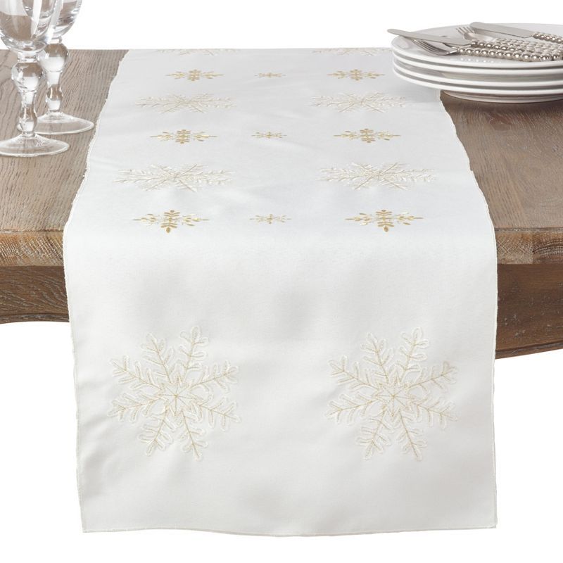 Ivory Polyester Snowflake Embroidered Table Runner