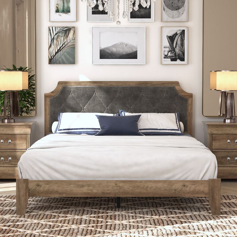 Annifer Knotty Oak Queen Bed with Luxe Upholstered Headboard