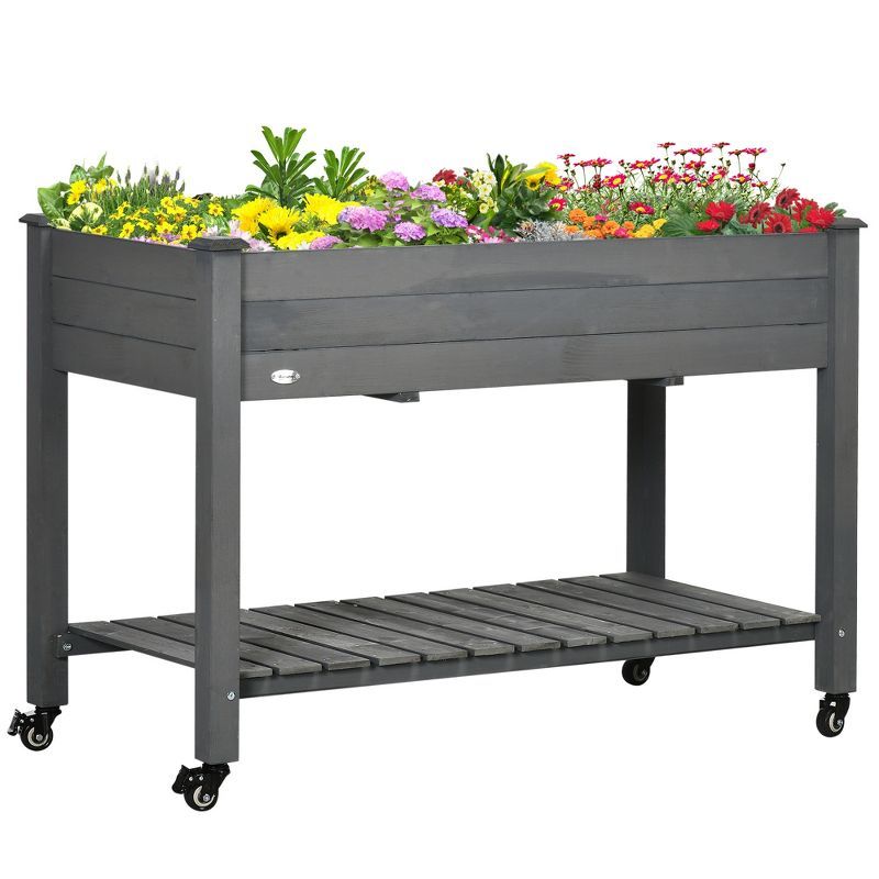 Dark Gray Wooden Elevated Garden Planter with Lockable Wheels