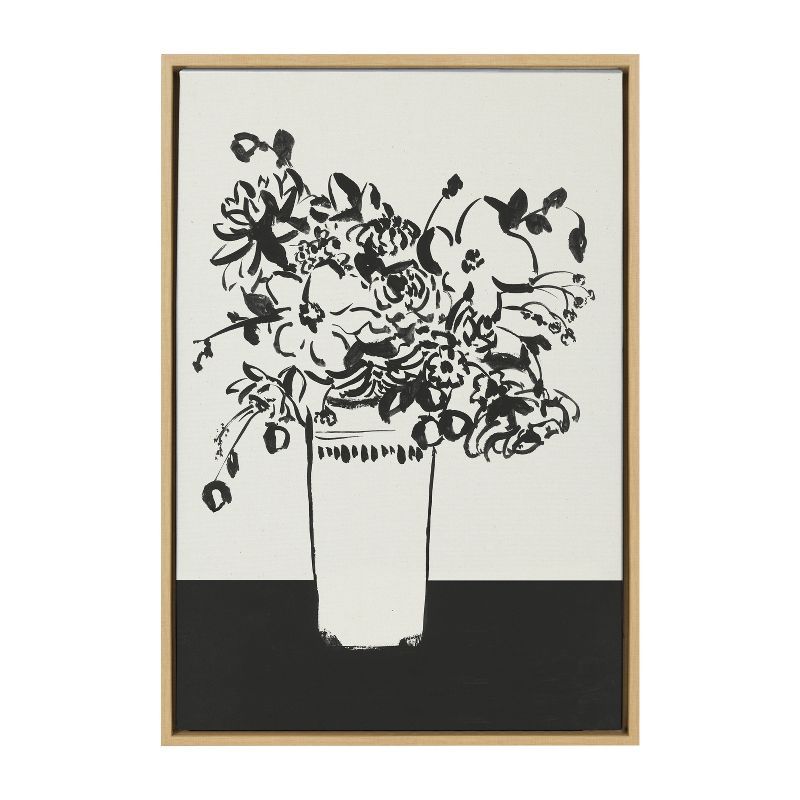 Black and White Floral Vase Canvas Print with Natural Frame