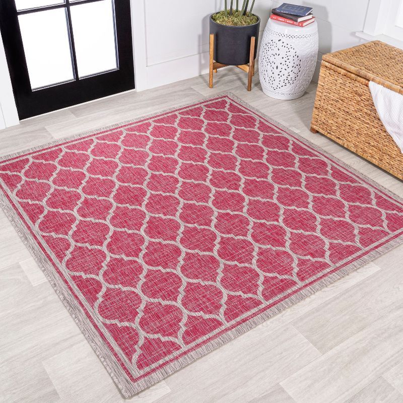 Fuchsia and Light Gray Trellis 5' Square Reversible Outdoor Rug