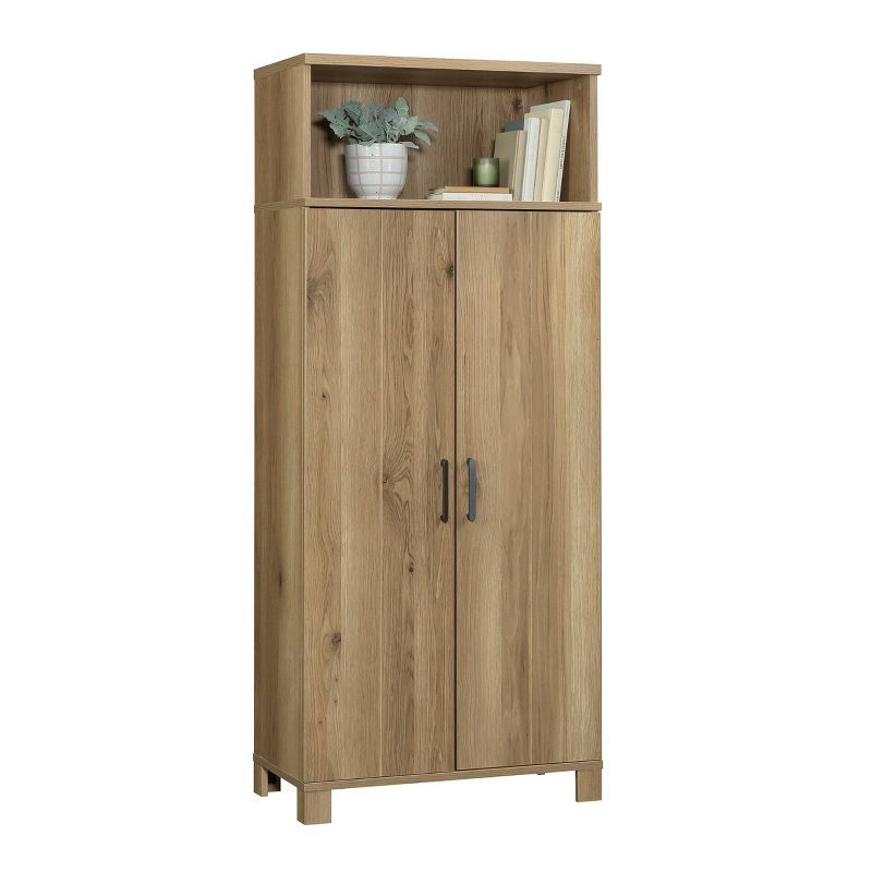 Timber Oak Storage Cabinet with Adjustable Shelving and Black Hardware