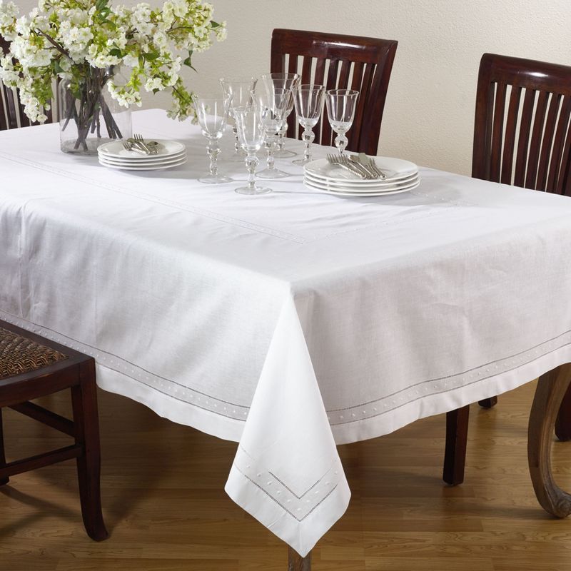 Classic White Linen Cotton Hemstitched Tablecloth 65" x 104"