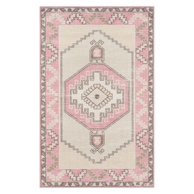 Rectangular Pink Wool and Nylon Medallion Accent Rug