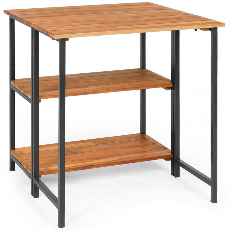 Acacia Wood and Steel Folding Dining Table with Storage Shelves