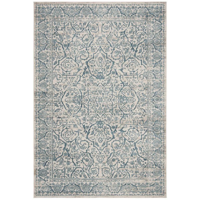 Blue and Beige Floral Motif High Pile Area Rug