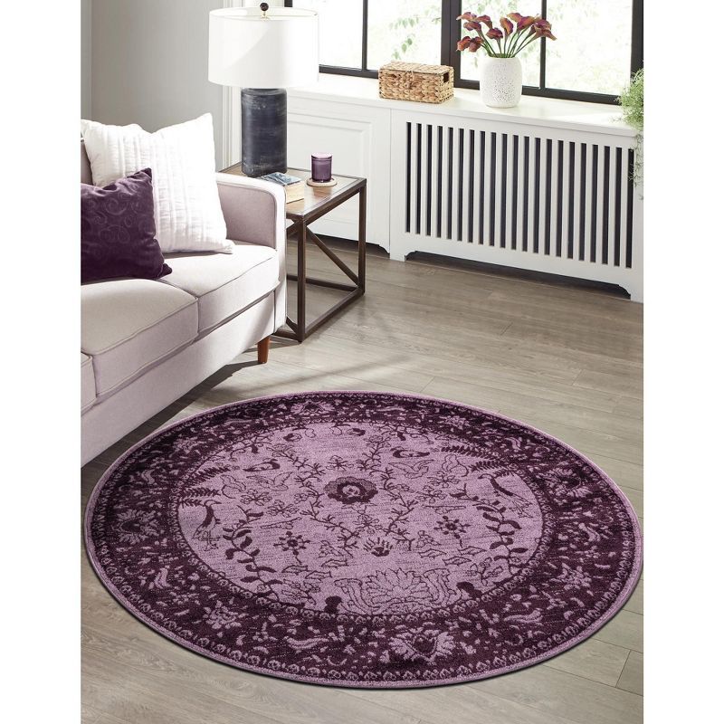 Violet and Dark Purple Round Floral Synthetic Rug