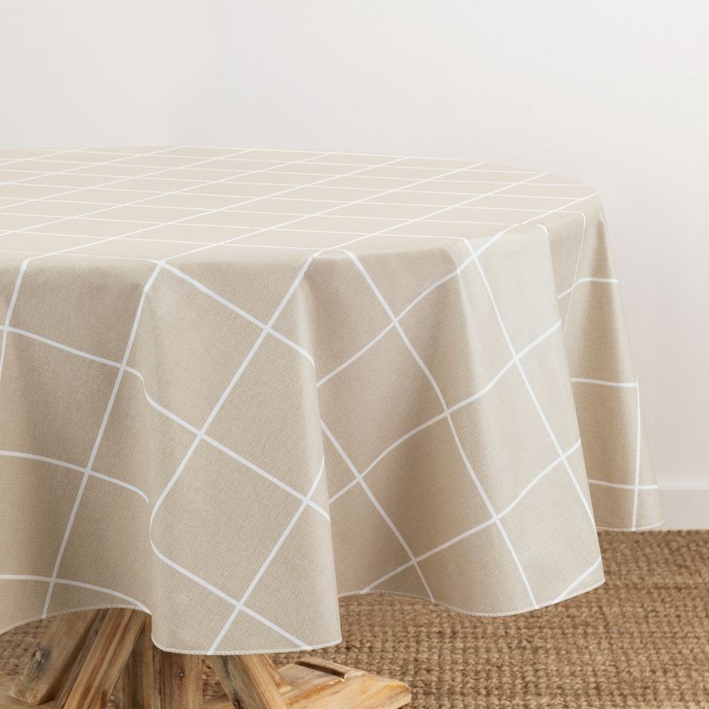 Natural Oval Vinyl Tablecloth with Modern Grid Pattern