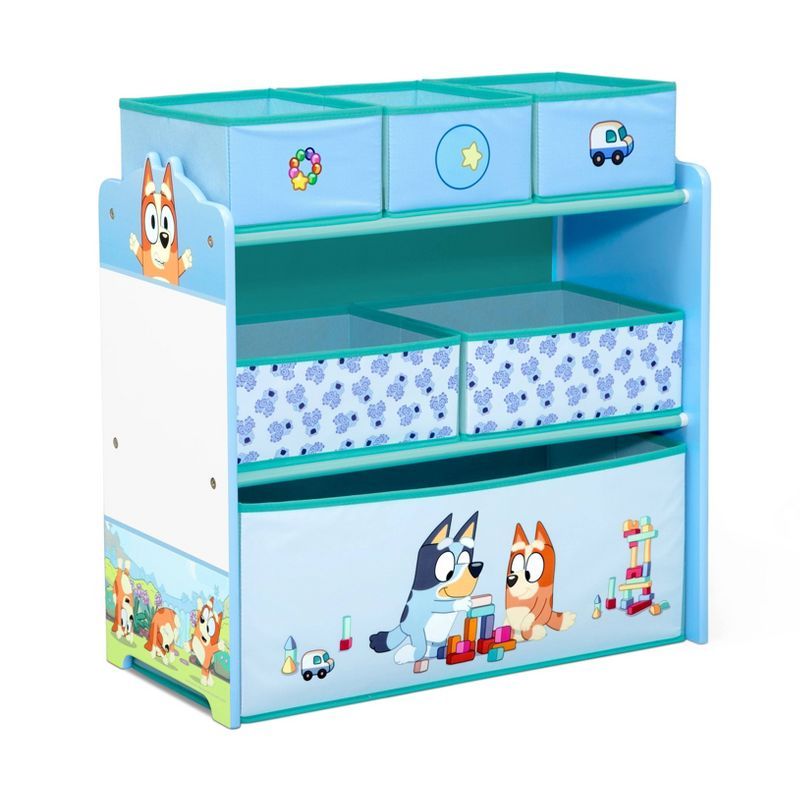 Bluey 6 Bin Wooden Toy Storage Organizer with Reusable Stickers