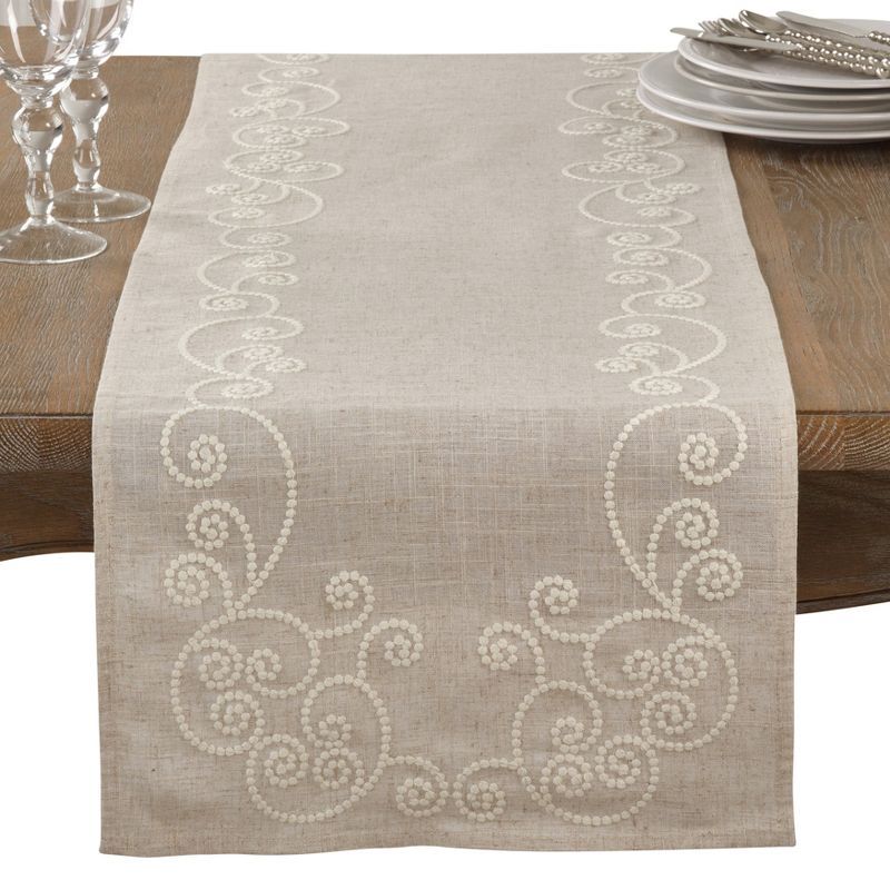 Beige Embroidered Floral Linen-Blend Table Runner, 16" x 72"