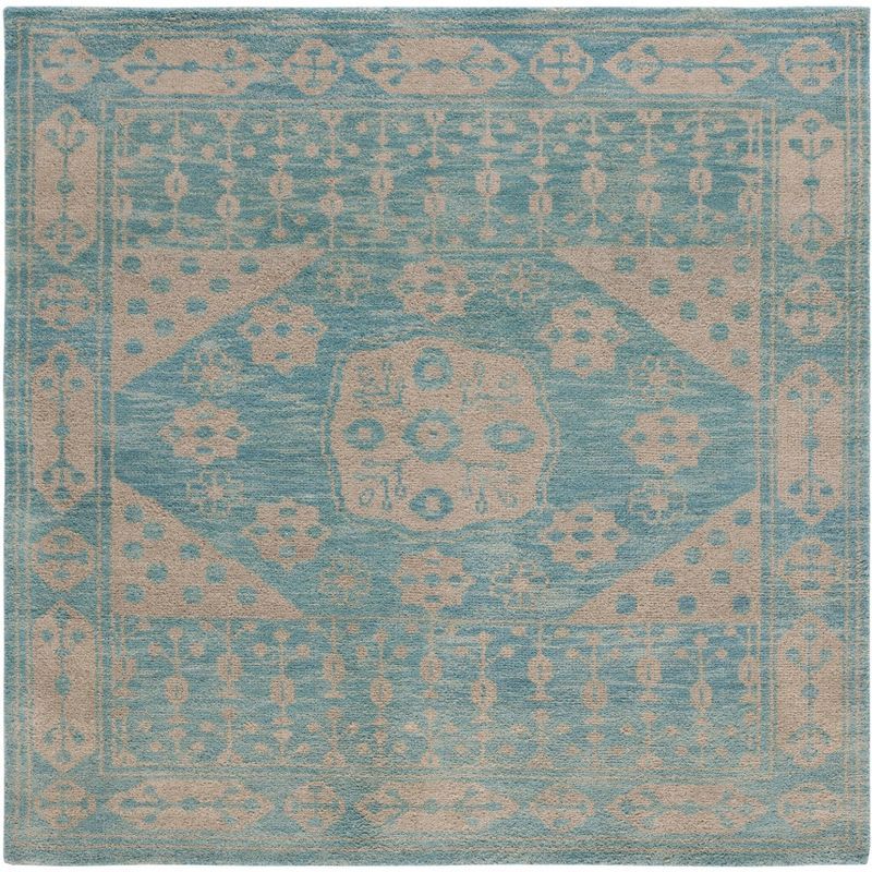 Kenya Hand-Knotted Wool Square Area Rug in Light Blue