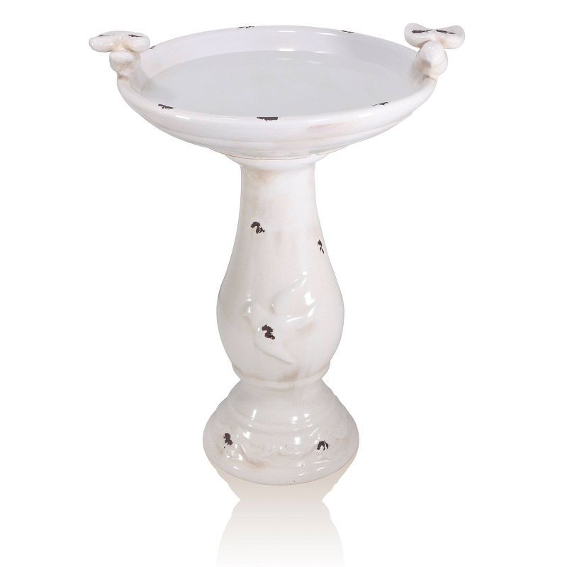 24" Antique White Ceramic Birdbath with Birds