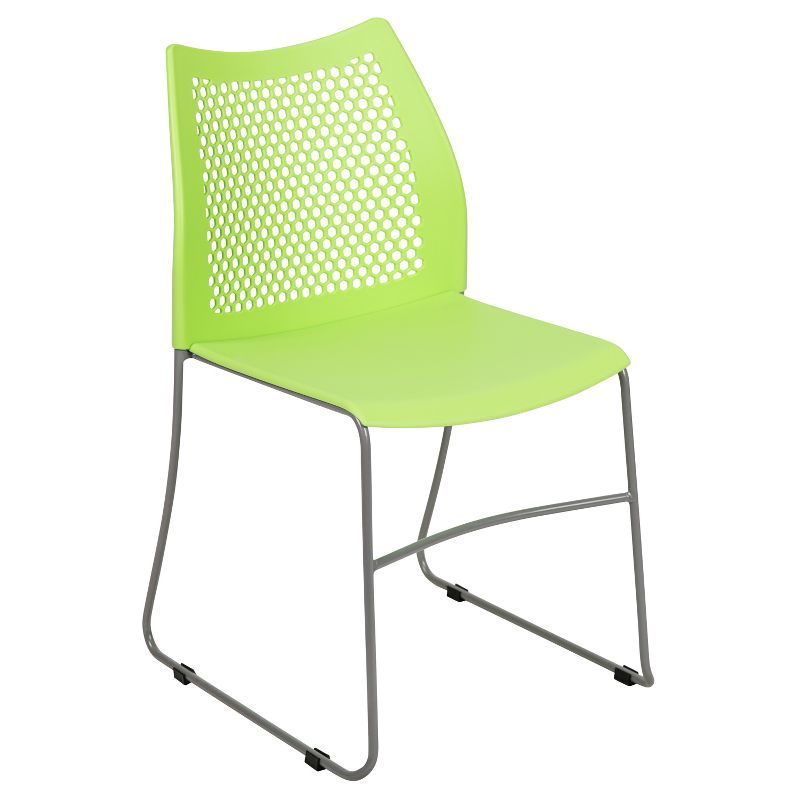 Green Metal Armless Stacking Chair with Perforated Back