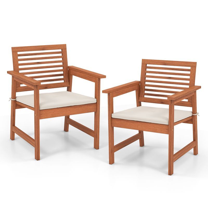 Natural Wood Outdoor Dining Chairs with Off-White Cushions, Set of 2