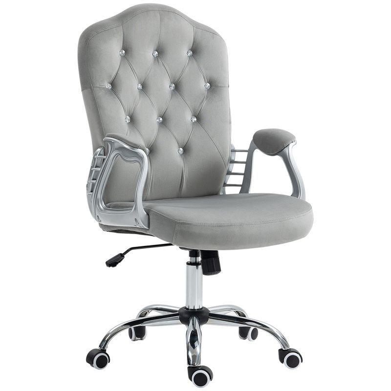 Light Gray Velvet Button Tufted Swivel Task Chair with Fixed Arms