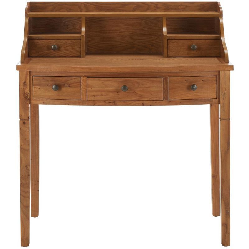 Transitional Oak 5-Drawer Writing Desk with Hutch and Cubbies