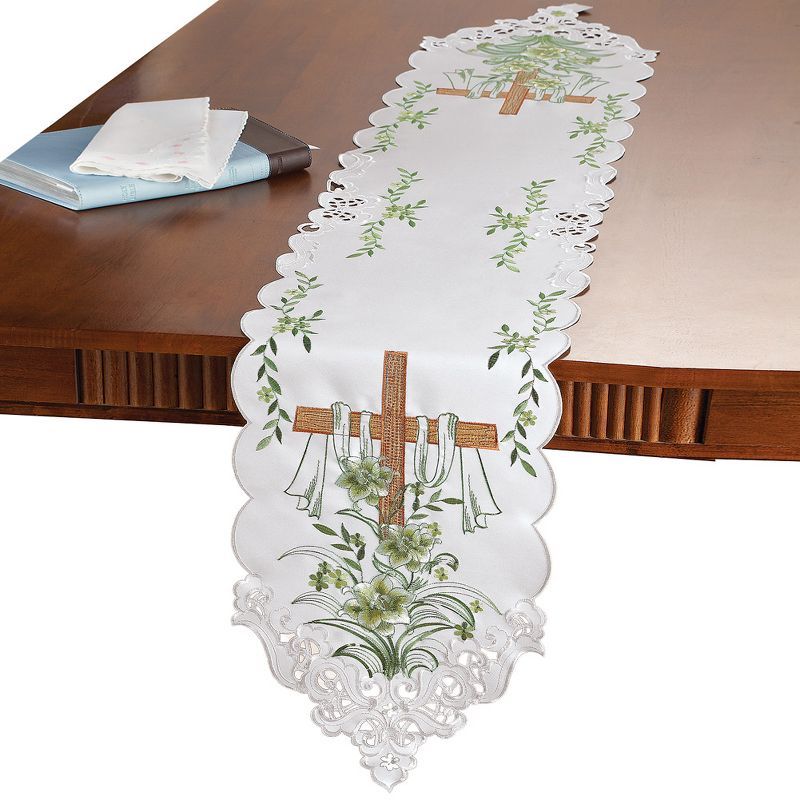 White Embroidered Lily and Cross Easter Table Runner