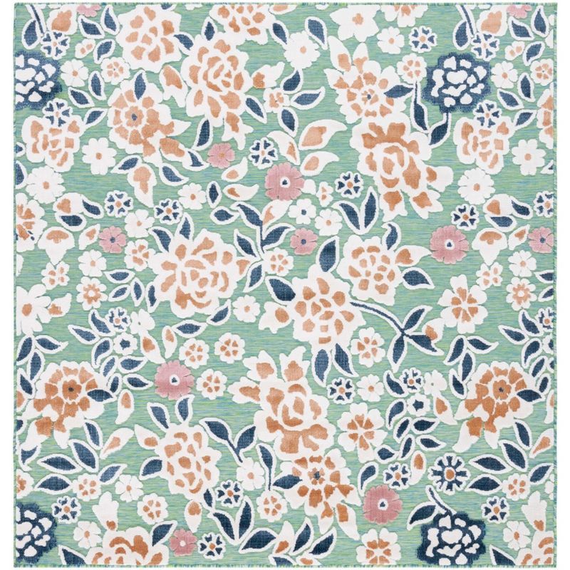 Green and Navy Synthetic Floral Square Rug, 6'5" x 6'5"