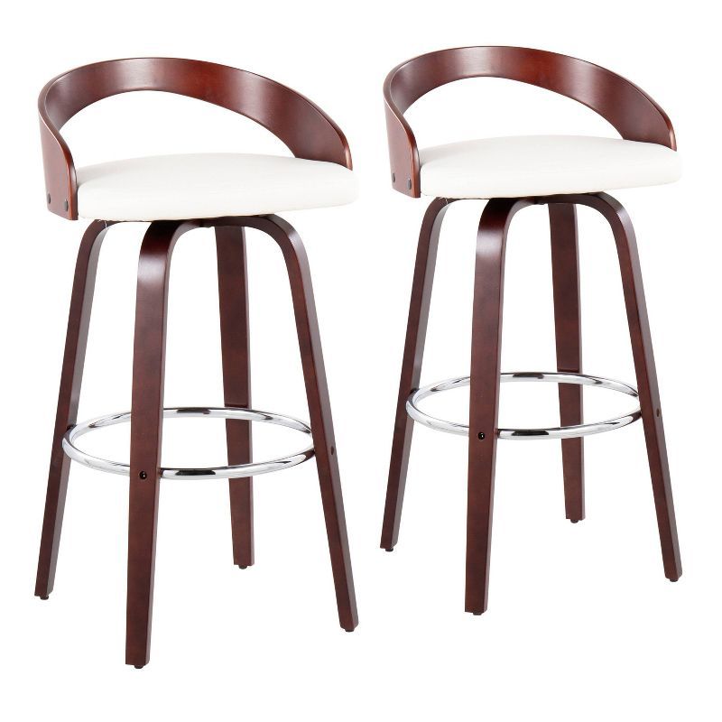 Cherry Wood and White Faux Leather Swivel Bar Stools, Set of 2