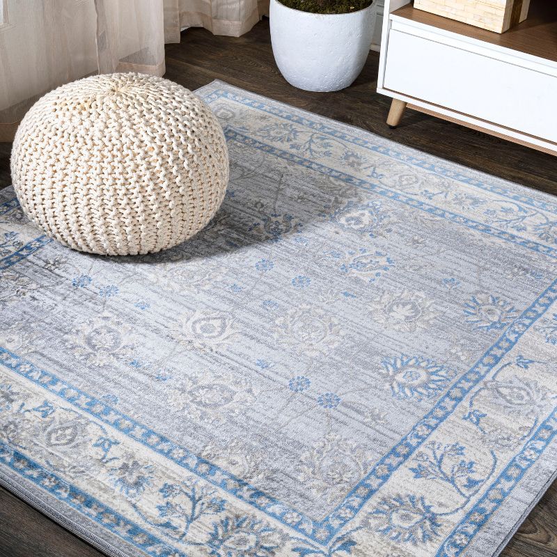 Elegant Gray and Blue Floral Synthetic 5' Square Rug