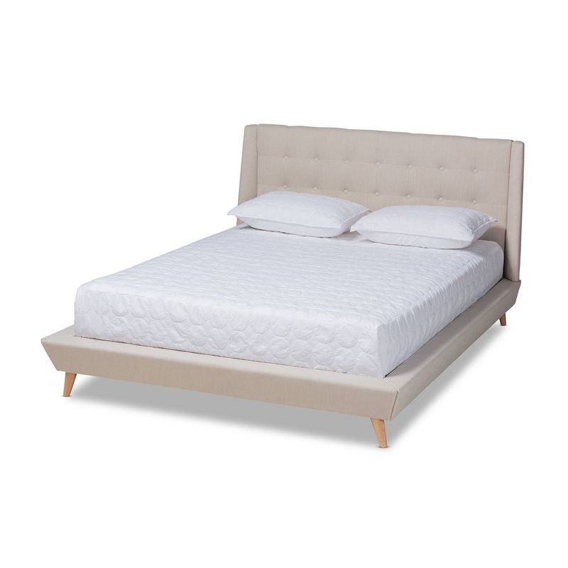 King Beige Upholstered Platform Bed with Tufted Headboard