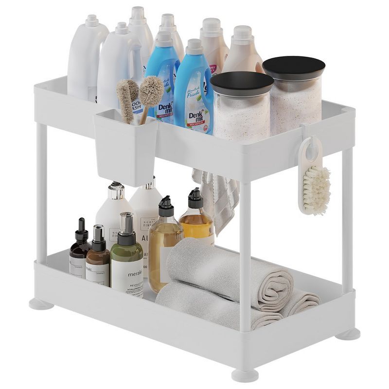 White Two-Tier Under Sink Organizer with Utility Hooks