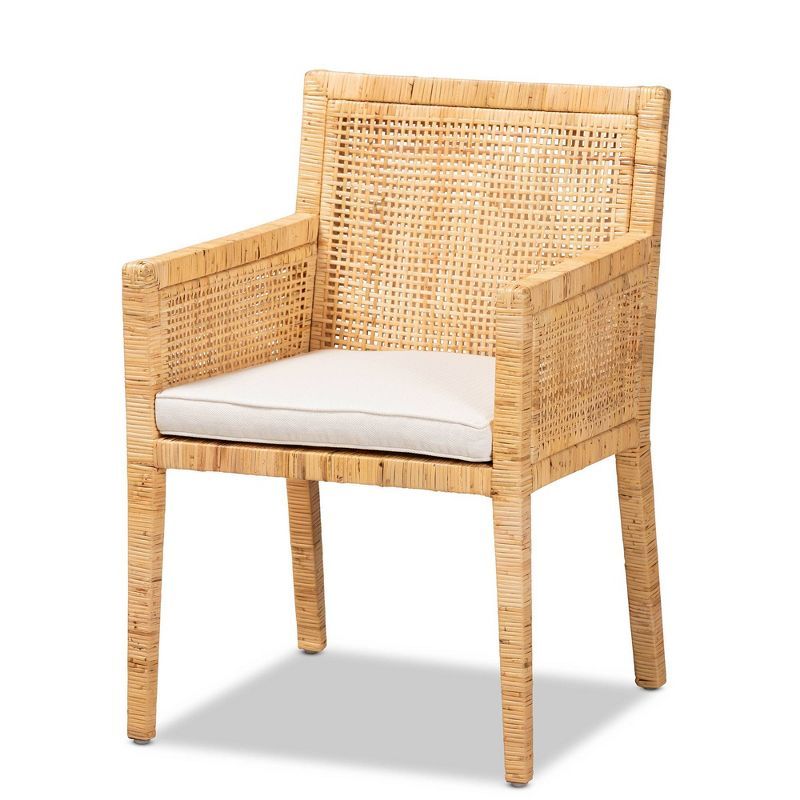 Natural Rattan and Cane Armchair with White Cushion