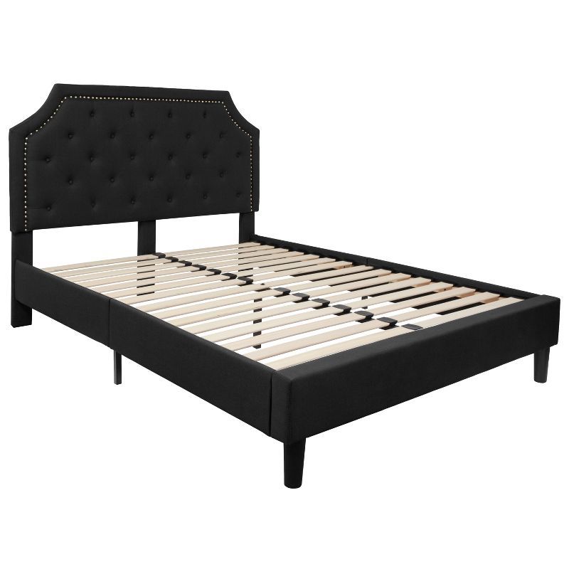 Elegant Queen-Sized Black Fabric Upholstered Bed with Nailhead Trim