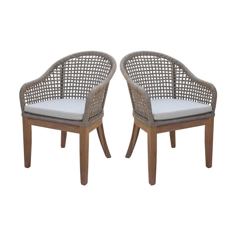 Set of Two Teak and Wicker Outdoor Dining Chairs with Cushions