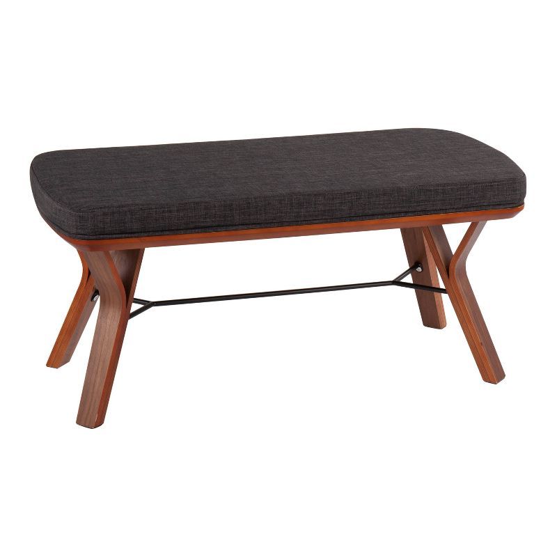 Walnut Wood and Charcoal Fabric Mid-Century Modern Bench