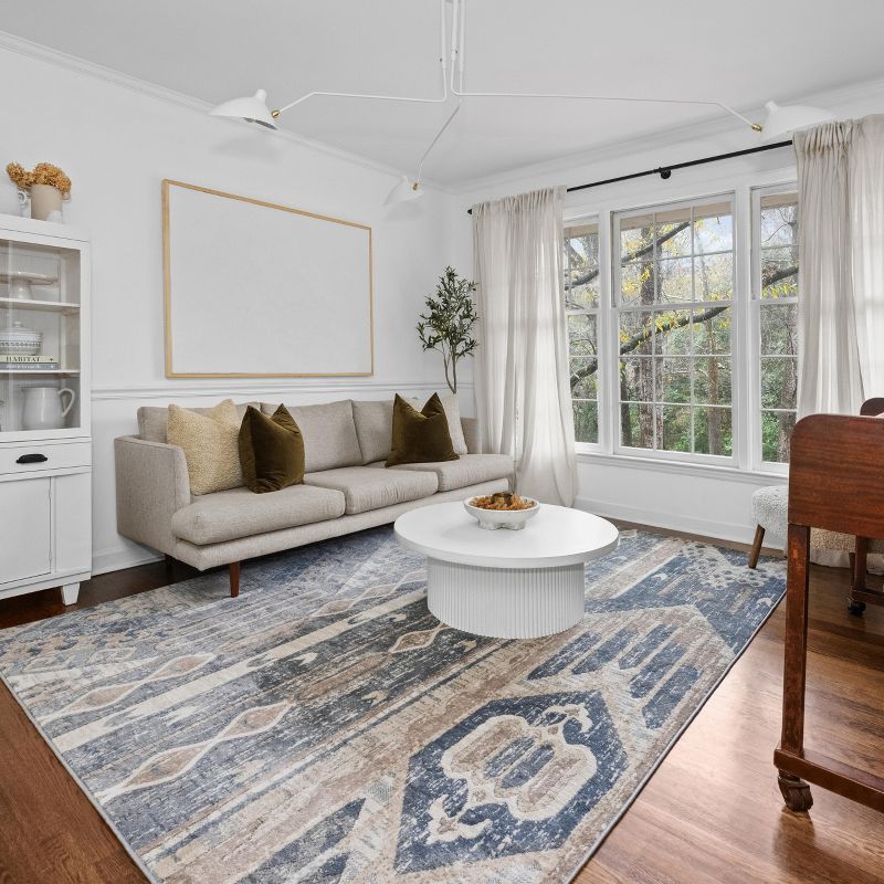 Navy Blue Geometric Synthetic 10' x 14' Rug