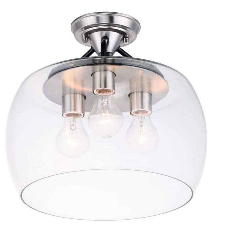 Clear Glass Black and Satin Nickel 3-Light Semi-Flush Mount Fixture