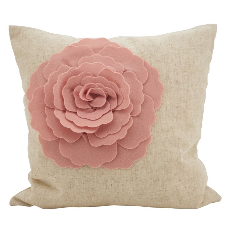 Medium Off-White Square Decorative Pillow with Rose 3D Embellishment