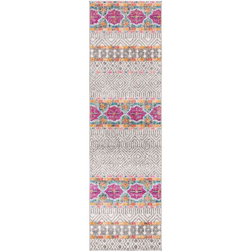 Gray and Multicolor Synthetic Hand-Knotted Runner Rug